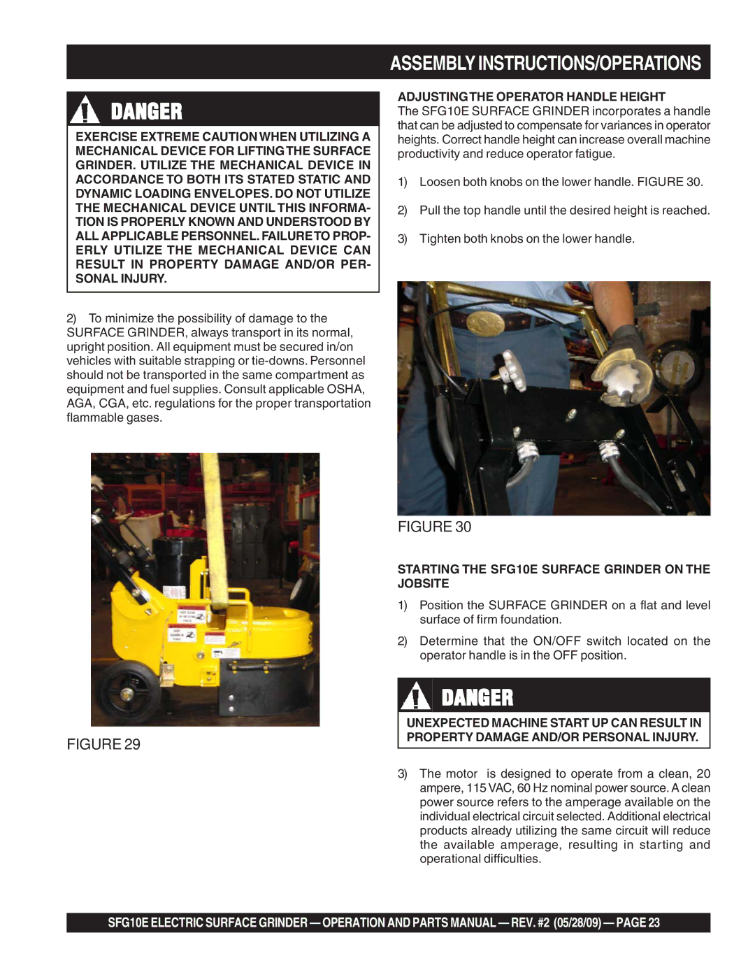 Multiquip manual Adjustingthe Operator Handle Height, Starting the SFG10E Surface Grinder on the Jobsite 