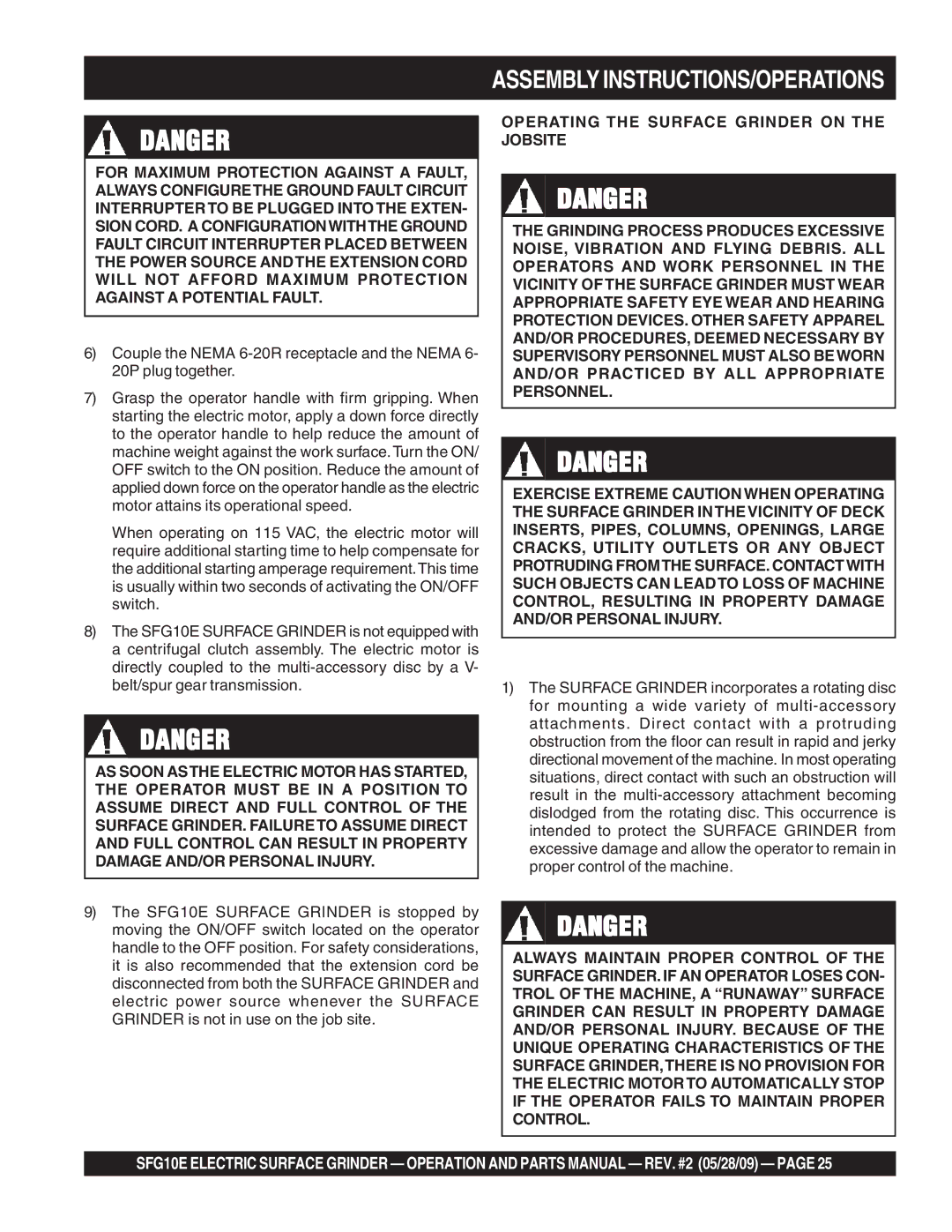 Multiquip SFG10E manual Assembly INSTRUCTIONS/OPERATIONS 