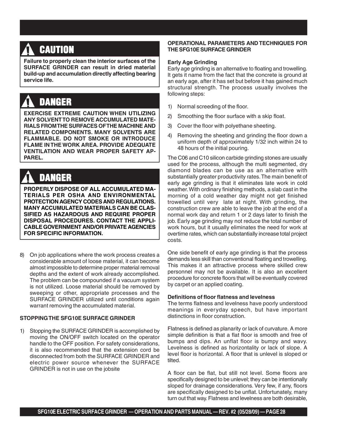 Multiquip manual Stoppingthe SFG10E Surface Grinder, Early Age Grinding, Definitions of floor flatness and levelness 