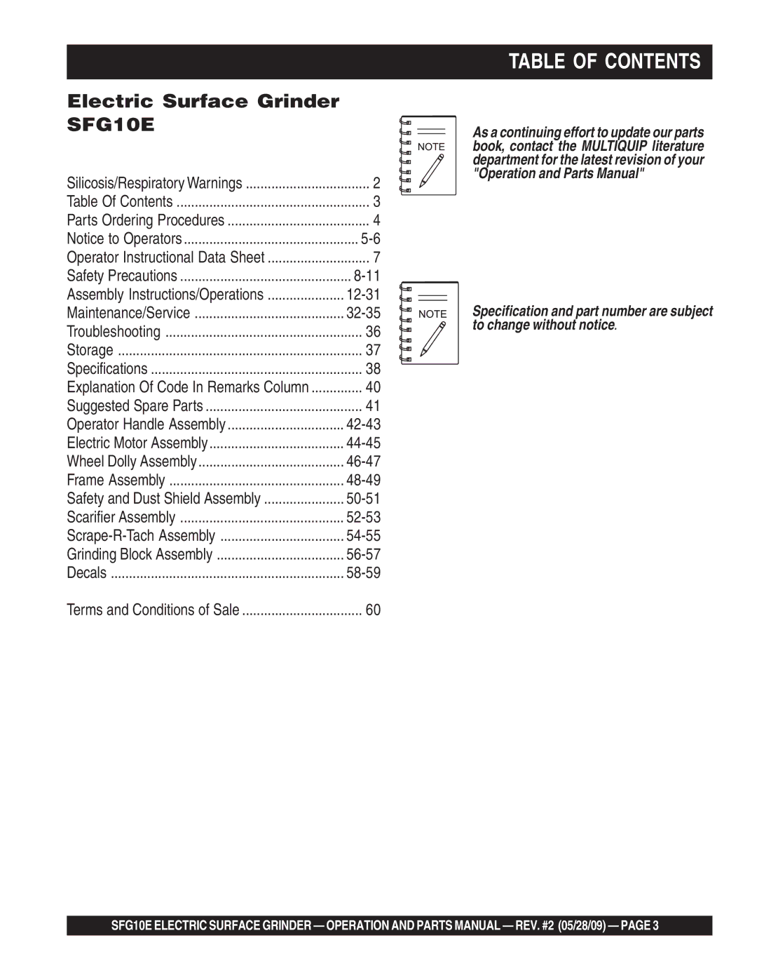 Multiquip SFG10E manual Table of Contents 