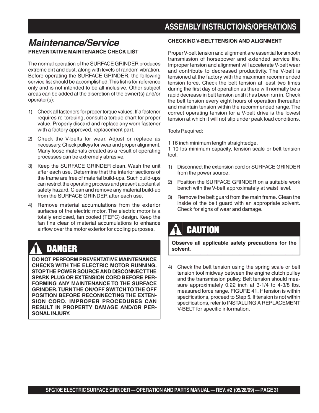 Multiquip SFG10E manual Preventative Maintenance Check List, Checking V-BELTTENSION and Alignment 