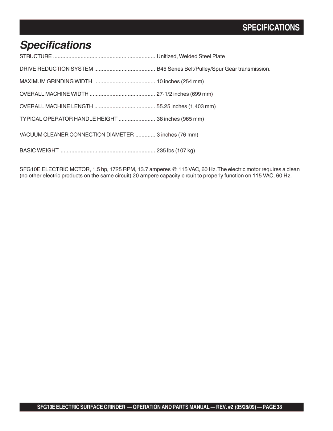 Multiquip SFG10E manual Specifications 