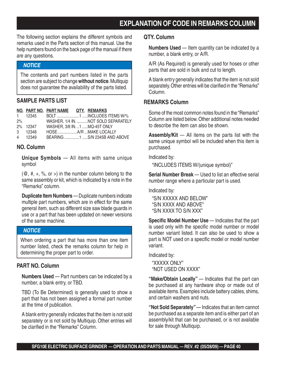 Multiquip SFG10E manual Xxxxx only Not Used on, Part Name, Remarks 