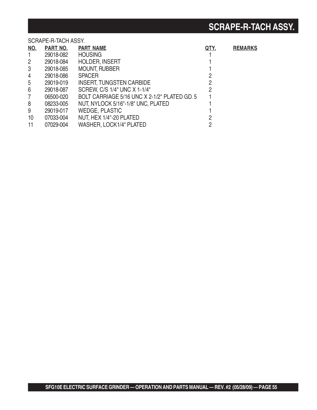 Multiquip SFG10E manual HOLDER, Insert, Spacer, INSERT, Tungsten Carbide, NUT, Nylock 5/16-1/8 UNC, Plated 