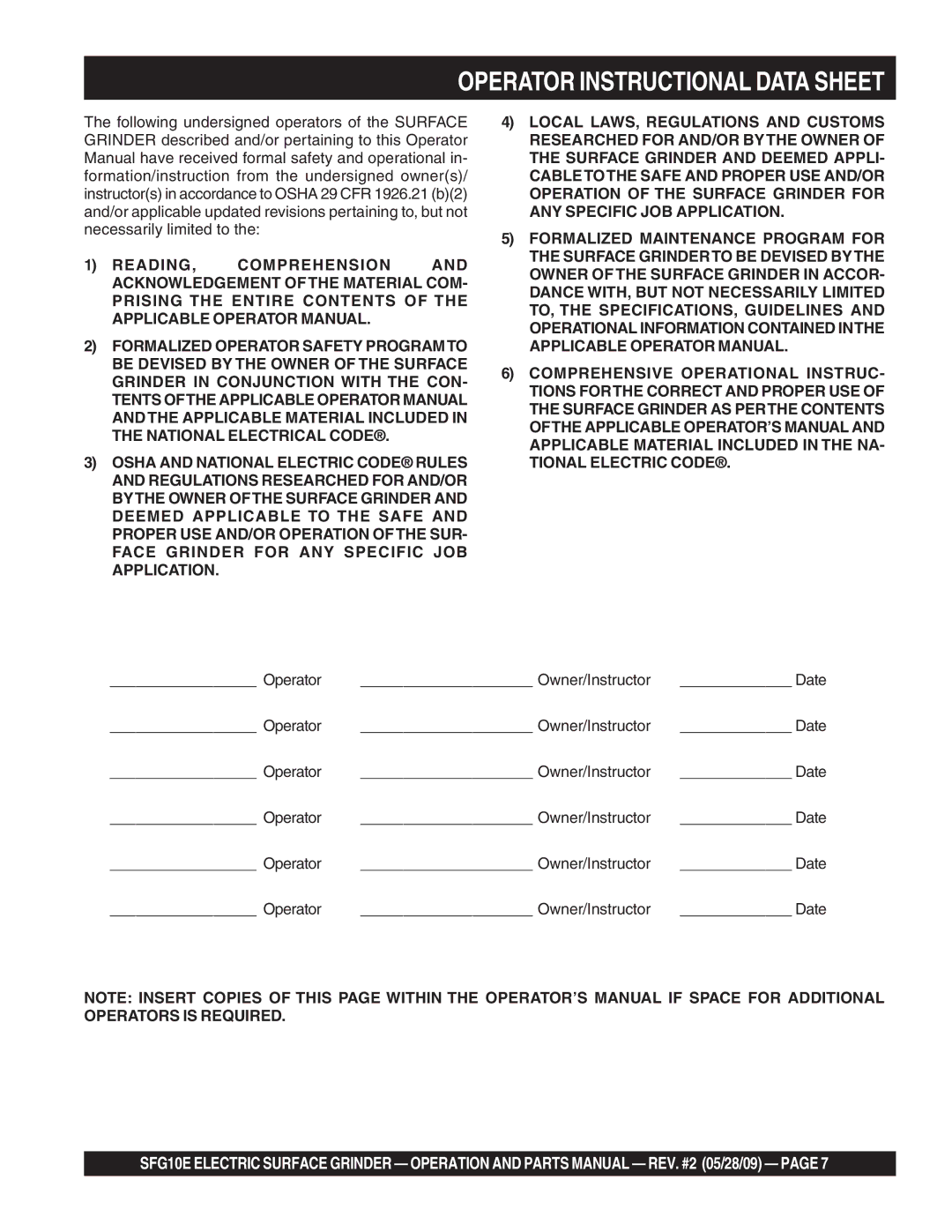 Multiquip SFG10E manual Operator Instructional Data Sheet 