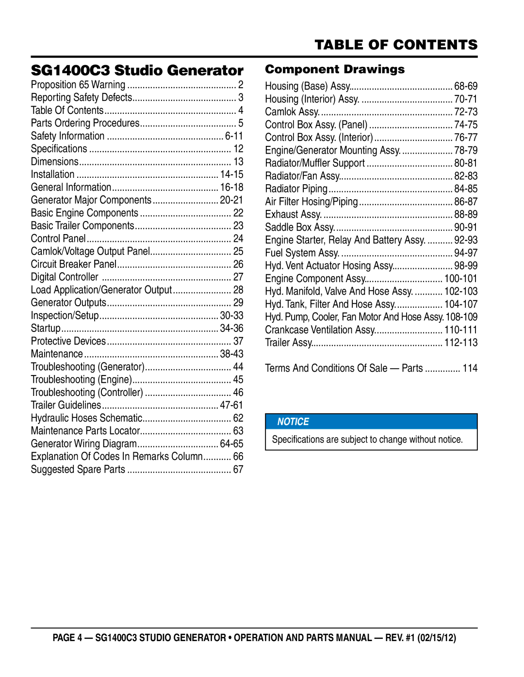 Multiquip SG1400C3-55748 manual Table of Contents, Specifications are subject to change without notice 