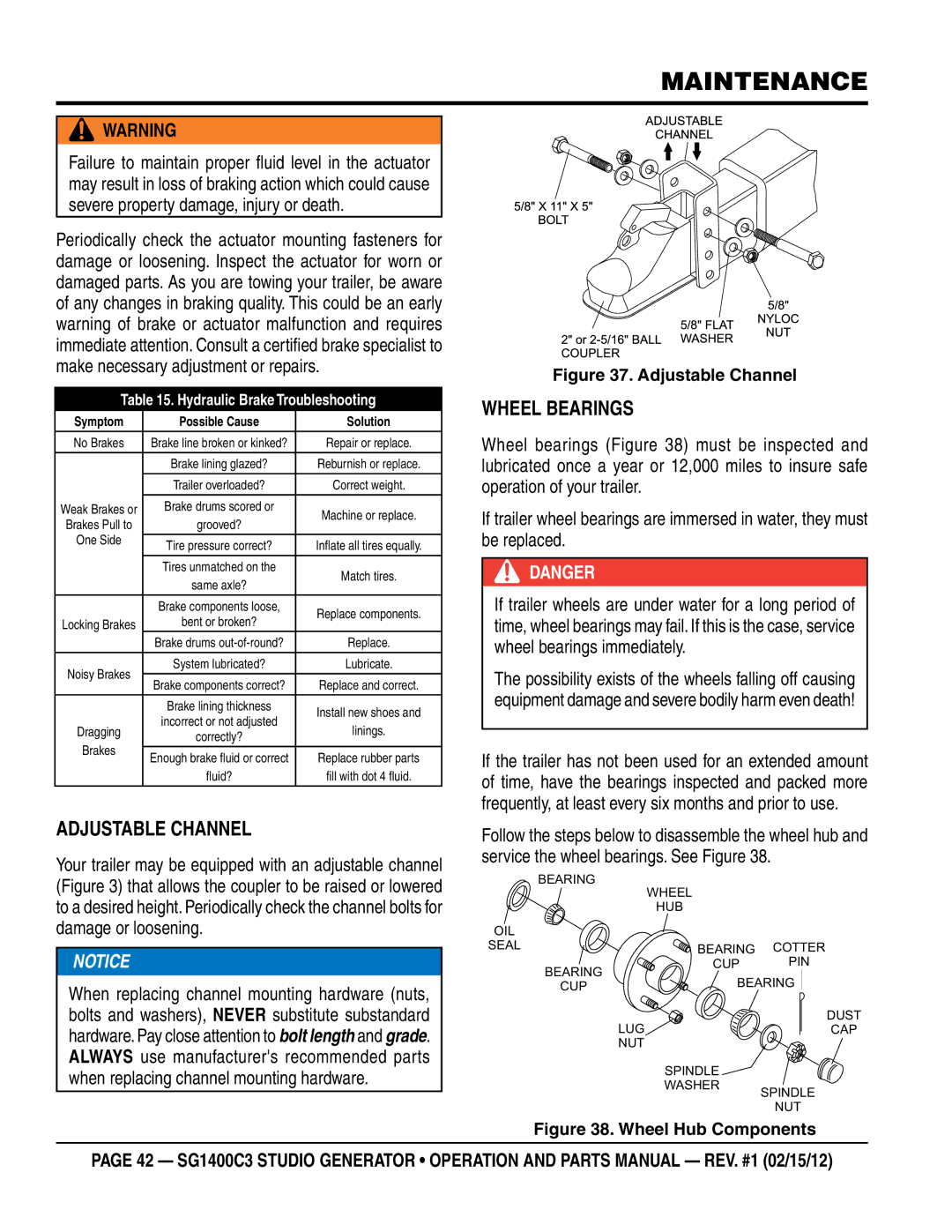 Multiquip SG1400C3-55748 manual Adjustable Channel, Wheel Bearings 