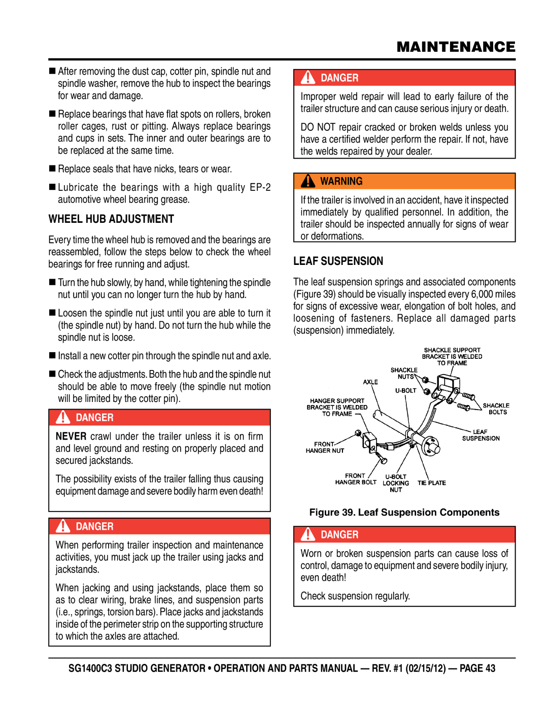 Multiquip SG1400C3-55748 manual Wheel Hub Adjustment, Leaf Suspension 