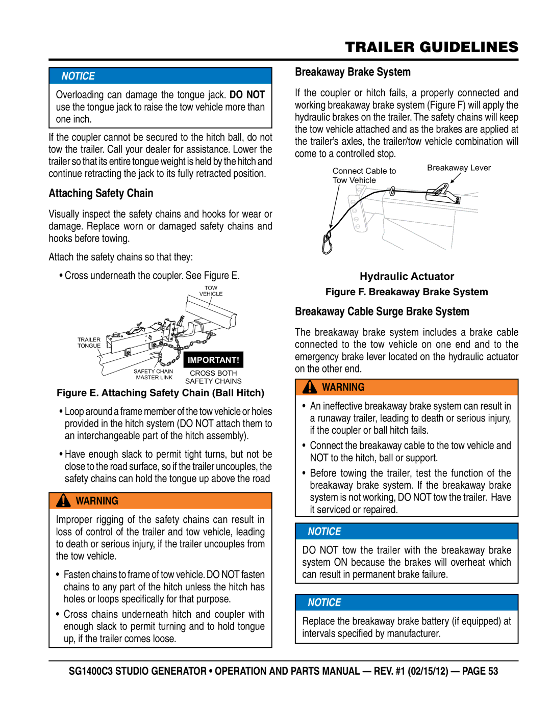 Multiquip SG1400C3-55748 manual Attaching Safety Chain, Breakaway Brake System, Breakaway Cable Surge Brake System 