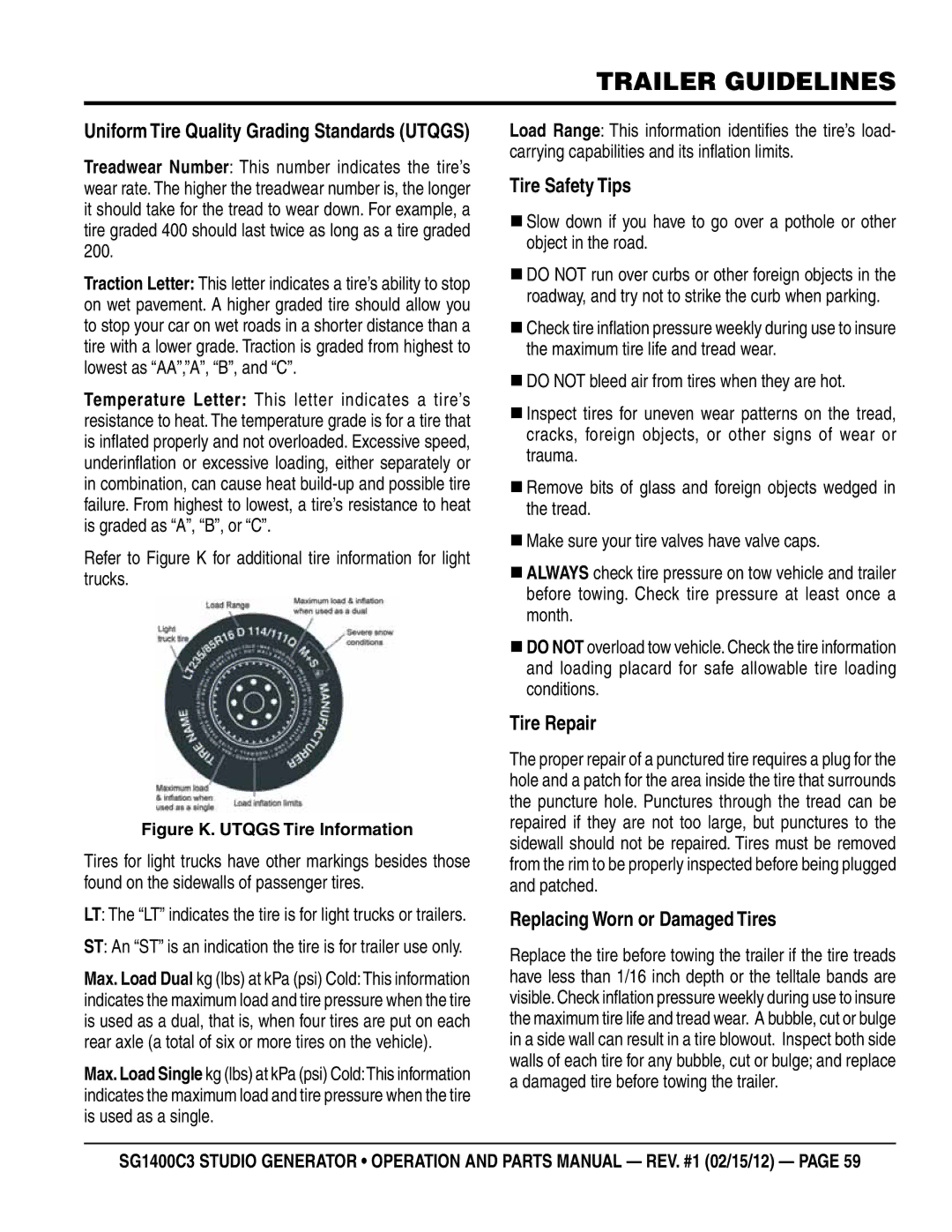 Multiquip SG1400C3-55748 manual Tire Safety Tips, Tire repair, Replacing Worn or damaged Tires 