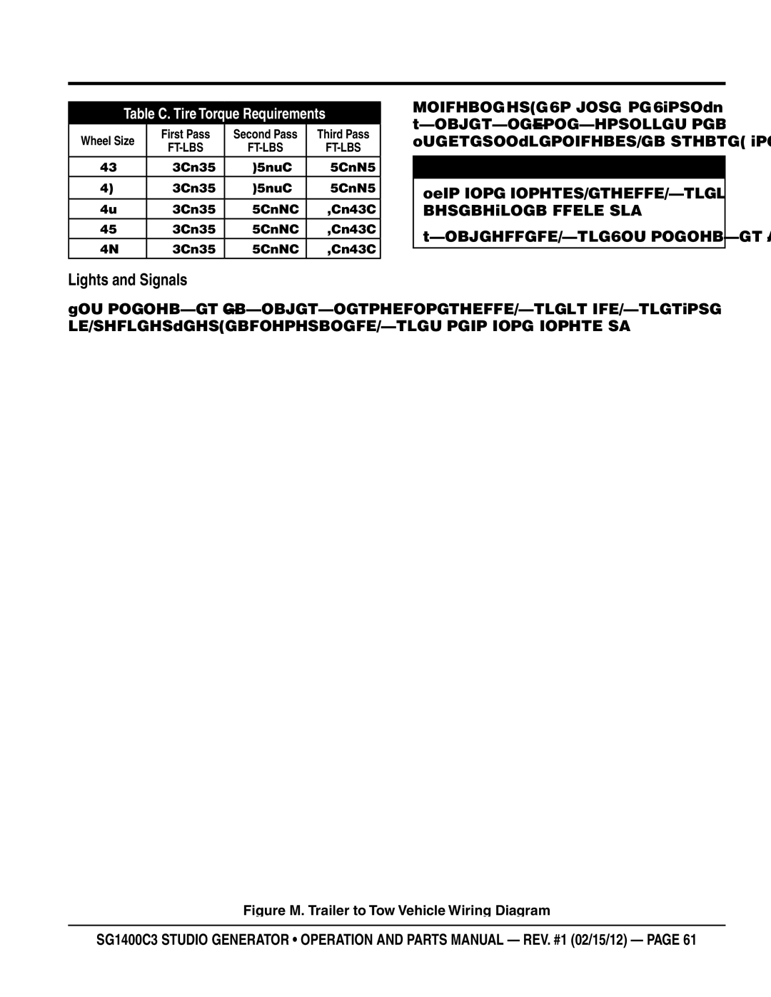 Multiquip SG1400C3-55748 manual Lights and Signals, Figure M. Trailer to Tow Vehicle Wiring Diagram 