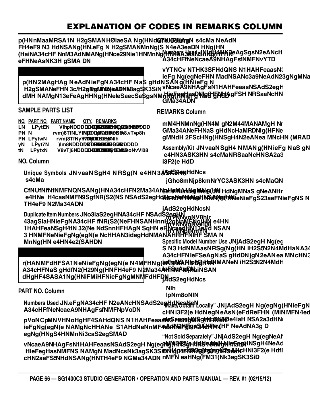 Multiquip SG1400C3-55748 manual Explanation of codes in remarks column 