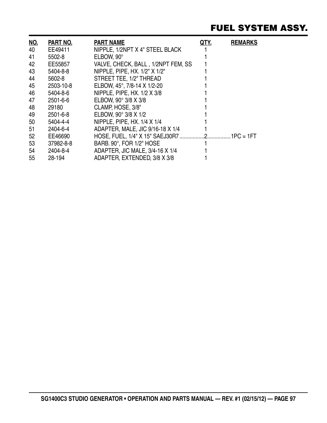 Multiquip SG1400C3-55748 manual Street TEE, 1/2 Thread, CLAMP, HOSE, 3/8, ADAPTER, EXTENDED, 3/8 X 3/8 