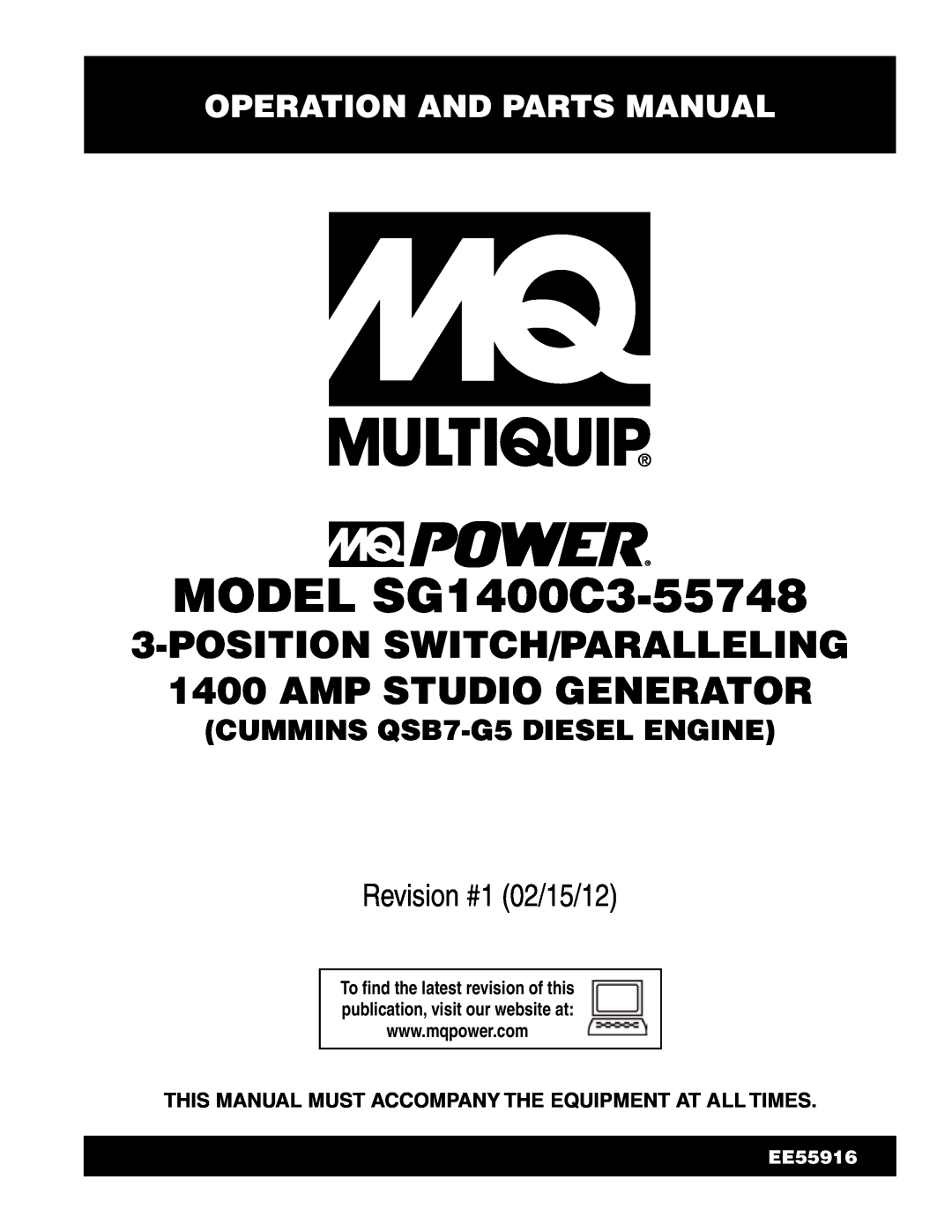 Multiquip SG1400C3-55748 manual Operation and parts Manual, This Manual Must Accompany The Equipment At All Times, EE55916 