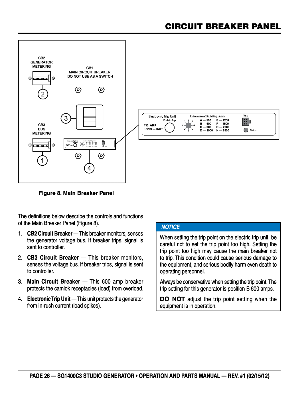 Multiquip SG1400C3-55748 manual circuit Breaker panel, Main Breaker Panel 