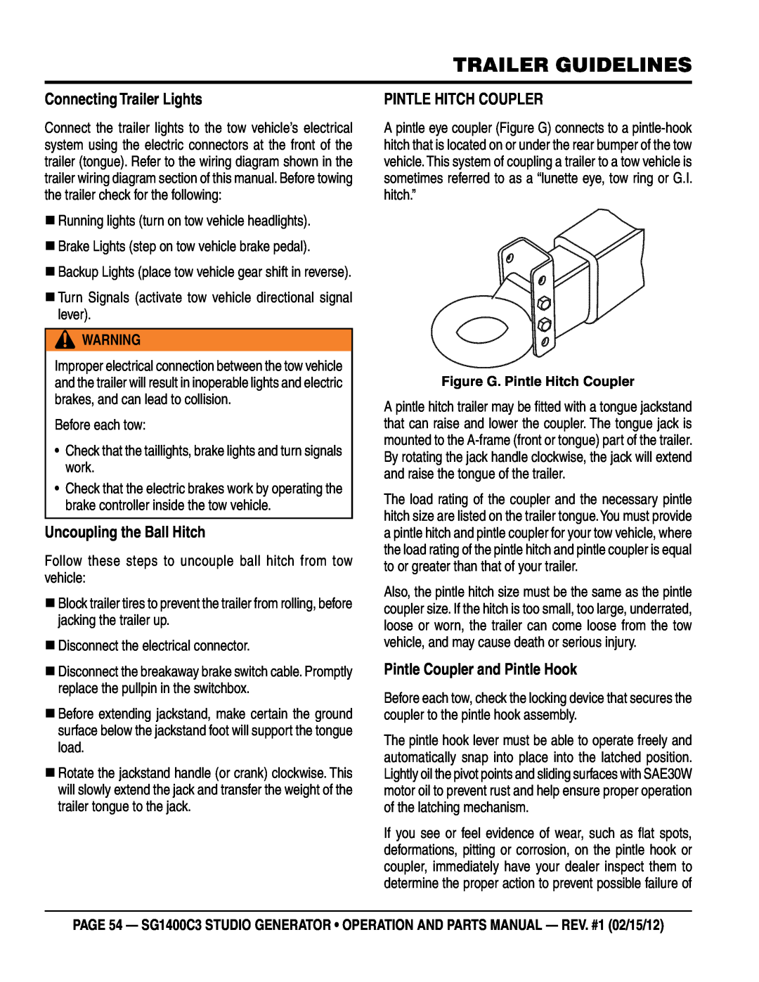 Multiquip SG1400C3-55748 Connecting Trailer lights, uncoupling the Ball Hitch, pinTle HiTCH Coupler, trailer guidelines 