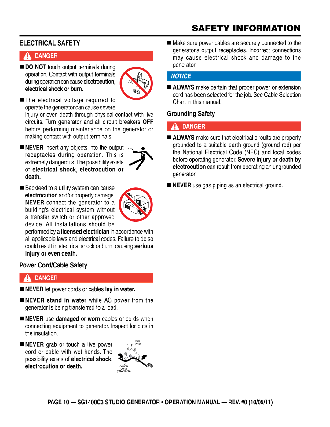 Multiquip SG1400C3 operation manual EleCTriCal SaFeTY, Power Cord/Cable Safety, Grounding Safety, Death 