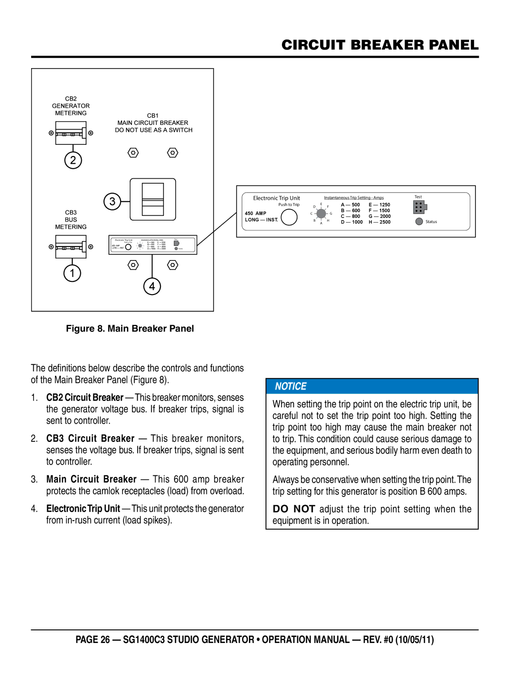 Multiquip SG1400C3 operation manual Circuit Breaker panel, Main Breaker Panel 