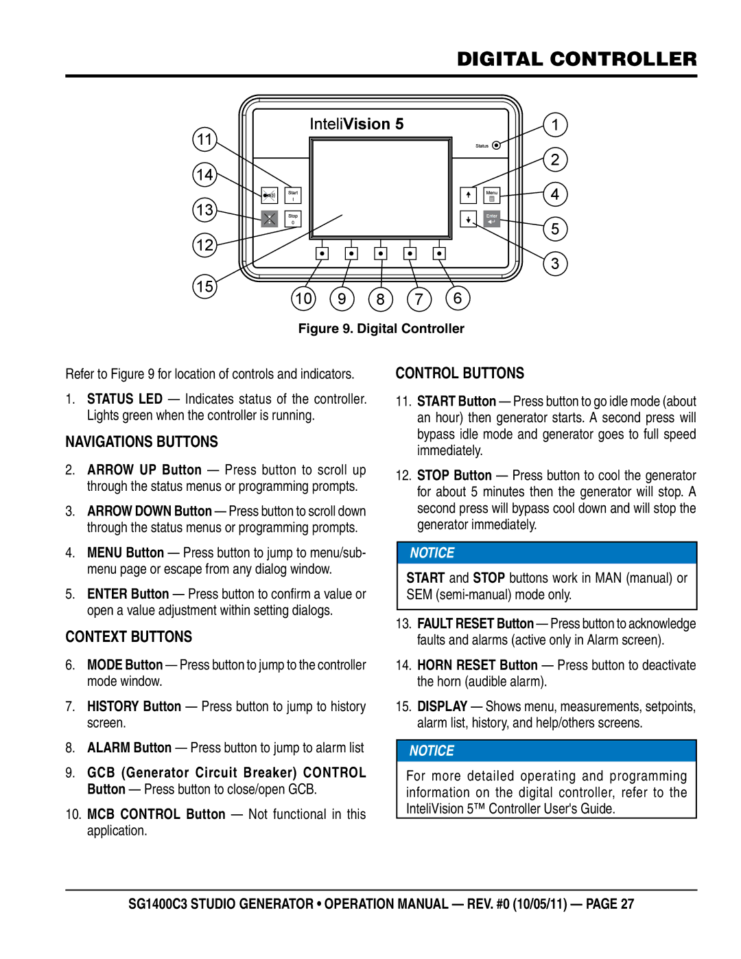 Multiquip SG1400C3 operation manual Digital controller, MCB Control Button Not functional in this application 