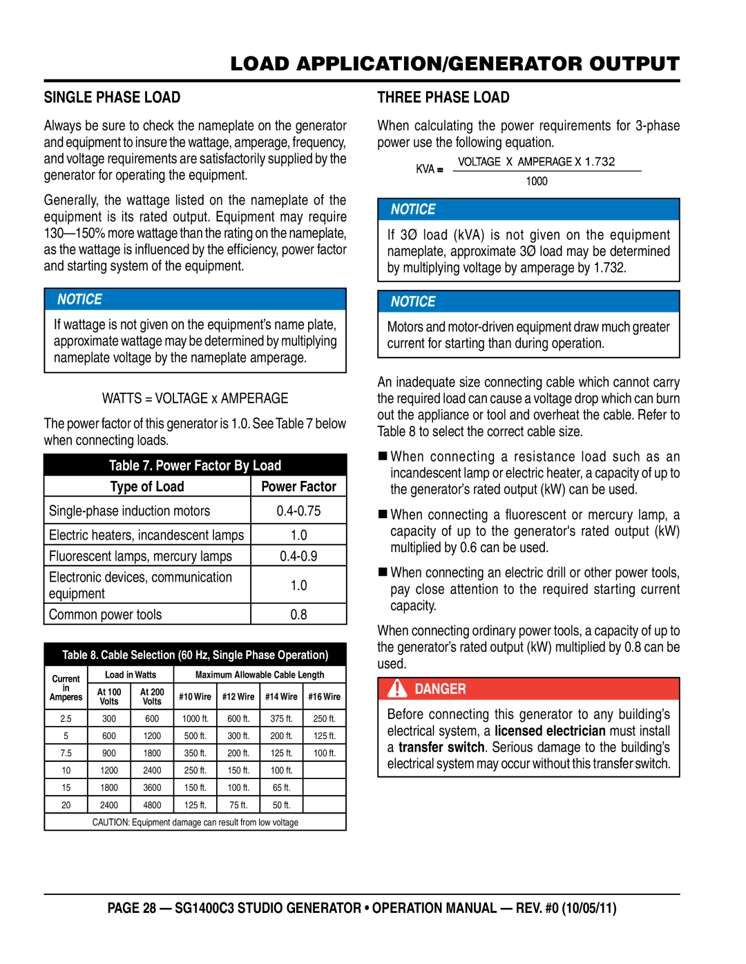 Multiquip SG1400C3 operation manual Load application/generator output, Single Phase Load, Three Phase Load, Type of Load 