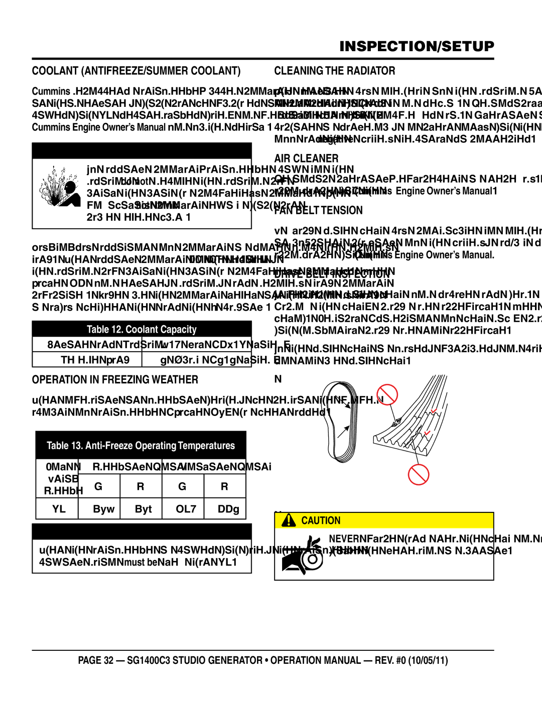 Multiquip SG1400C3 operation manual Coolant Antifreeze/summer coolant, Operation in Freezing Weather, Cleaning the Radiator 