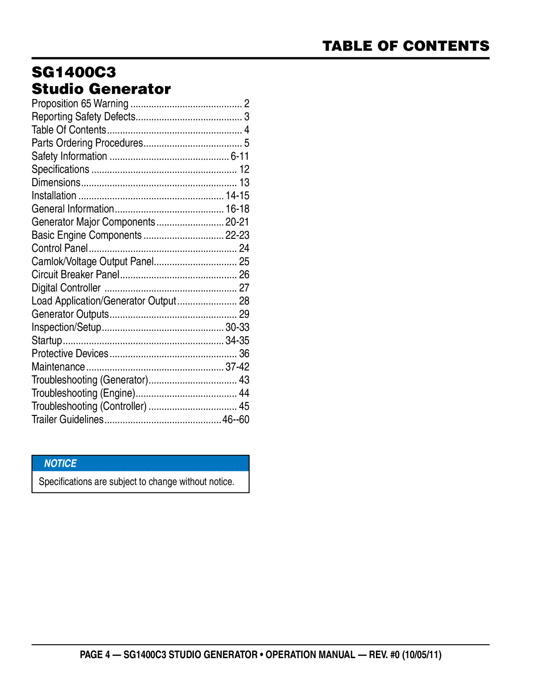 Multiquip SG1400C3 operation manual Table of Contents 