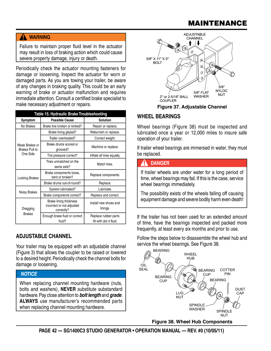 Multiquip SG1400C3 operation manual Adjustable Channel, Wheel Bearings 