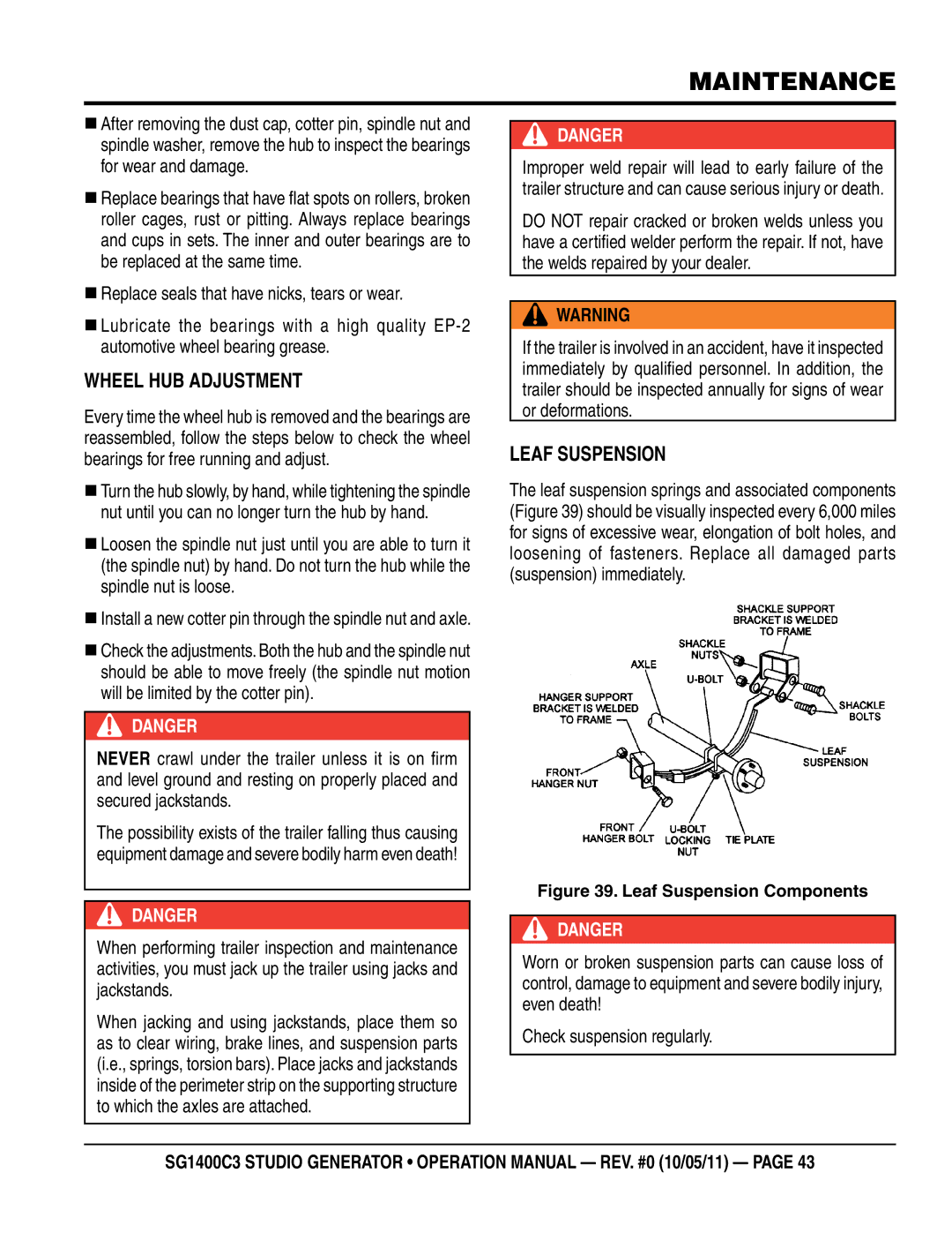 Multiquip SG1400C3 operation manual Wheel Hub Adjustment, Leaf Suspension 