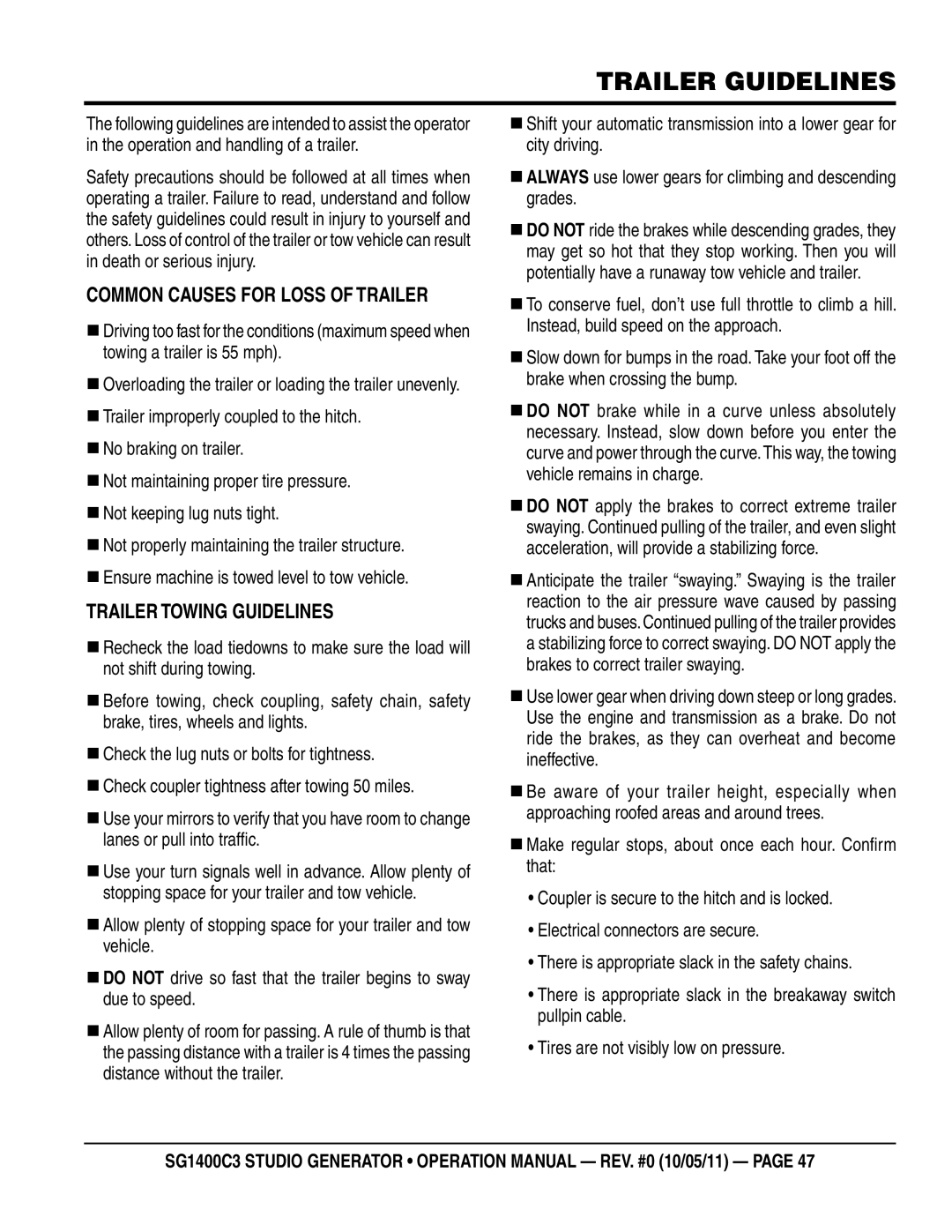 Multiquip SG1400C3 operation manual Trailer guidelines, Common CauSeS For loSS oF Trailer, Trailer ToWing guidelineS 