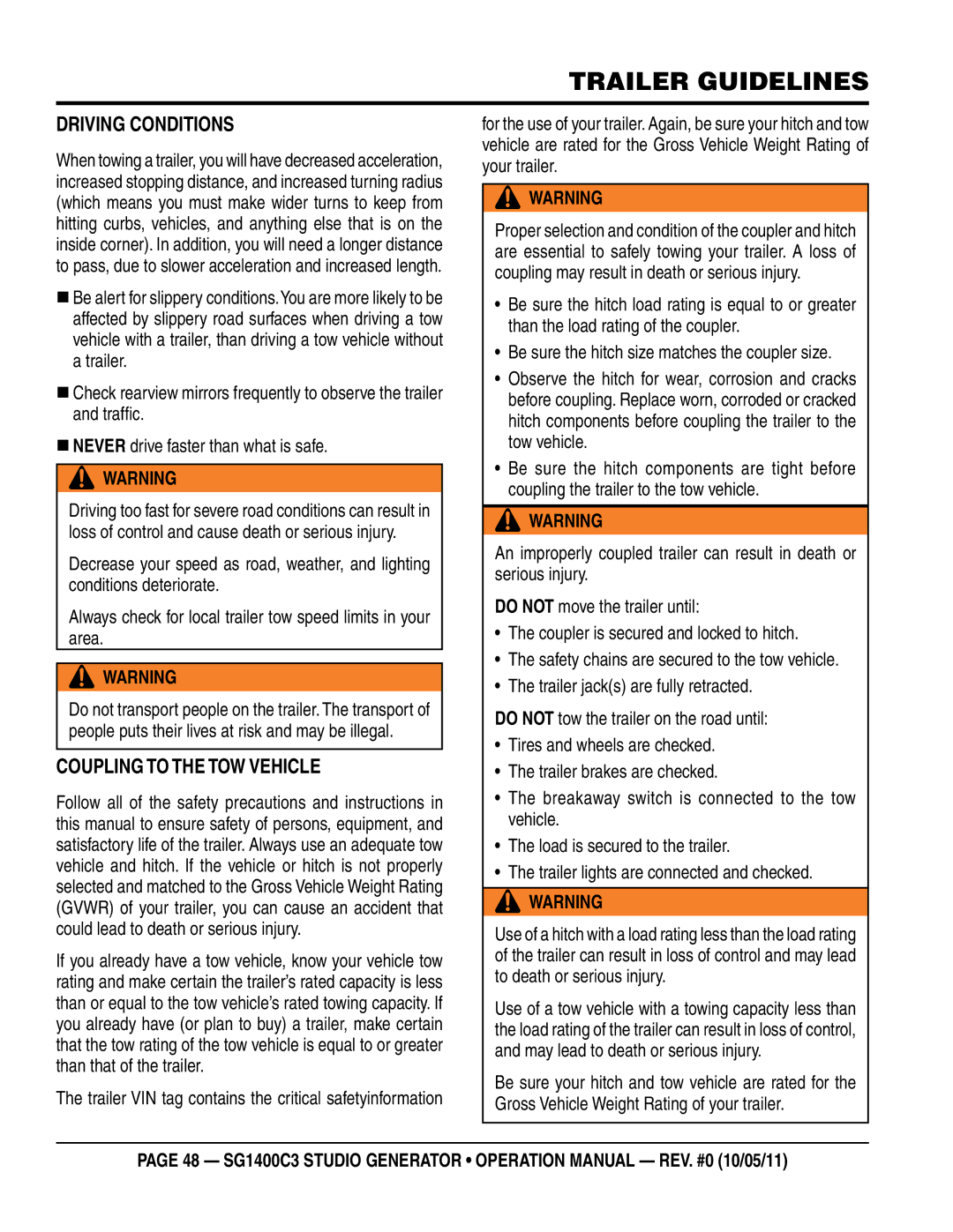 Multiquip SG1400C3 operation manual Driving CondiTionS, Coupling To THe ToW veHiCle 