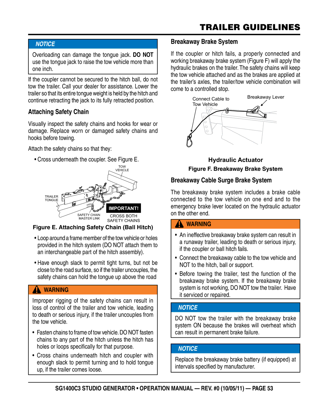 Multiquip SG1400C3 operation manual Attaching Safety Chain, Breakaway Brake System, Breakaway Cable Surge Brake System 