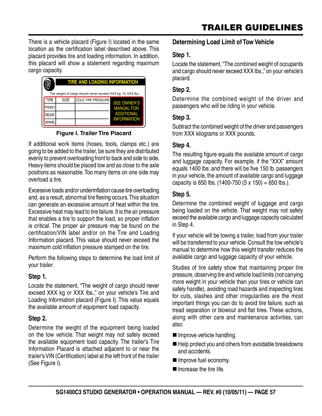 Multiquip SG1400C3 operation manual Determining load limit of Tow vehicle Step 