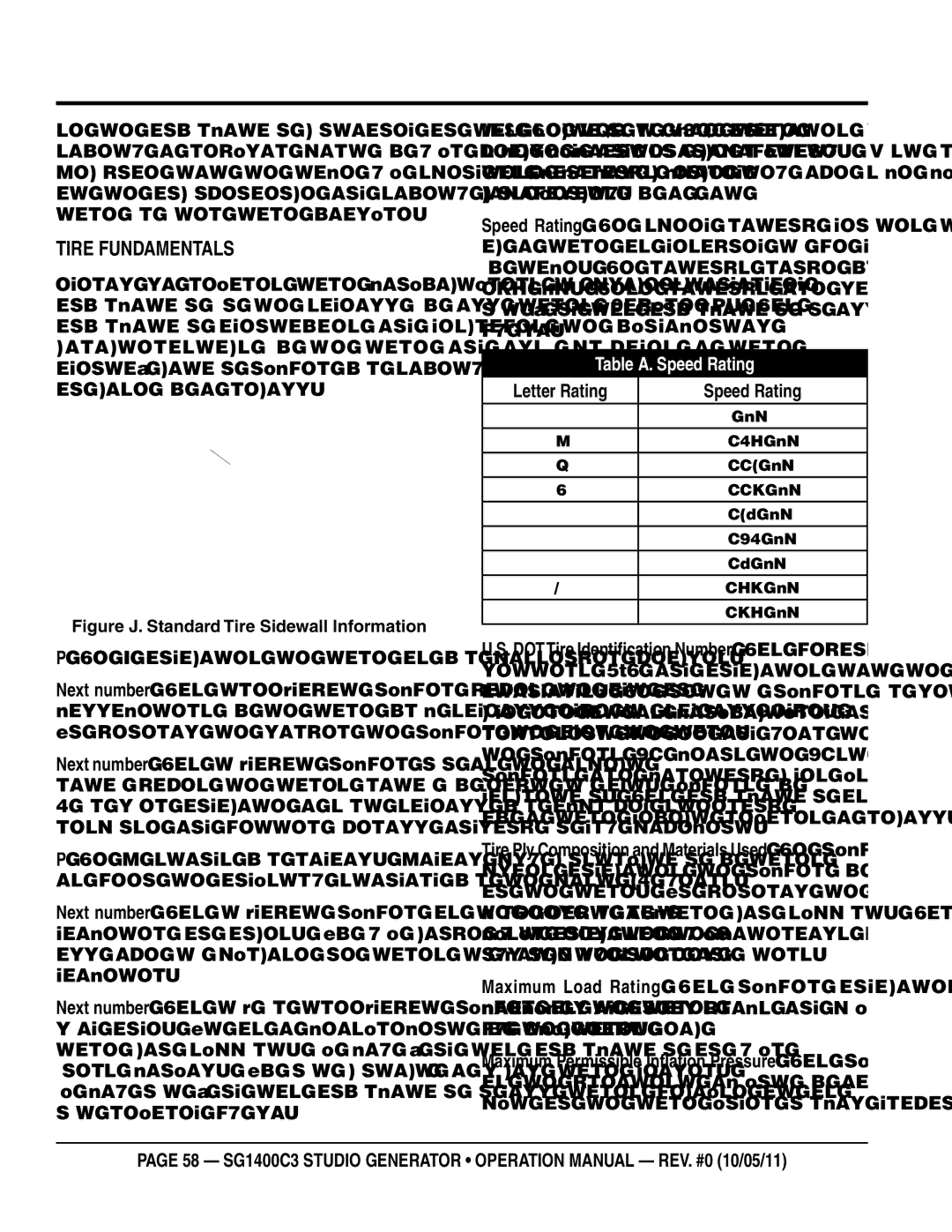 Multiquip SG1400C3 operation manual Tire FundamenTalS, Letter rating Speed rating 