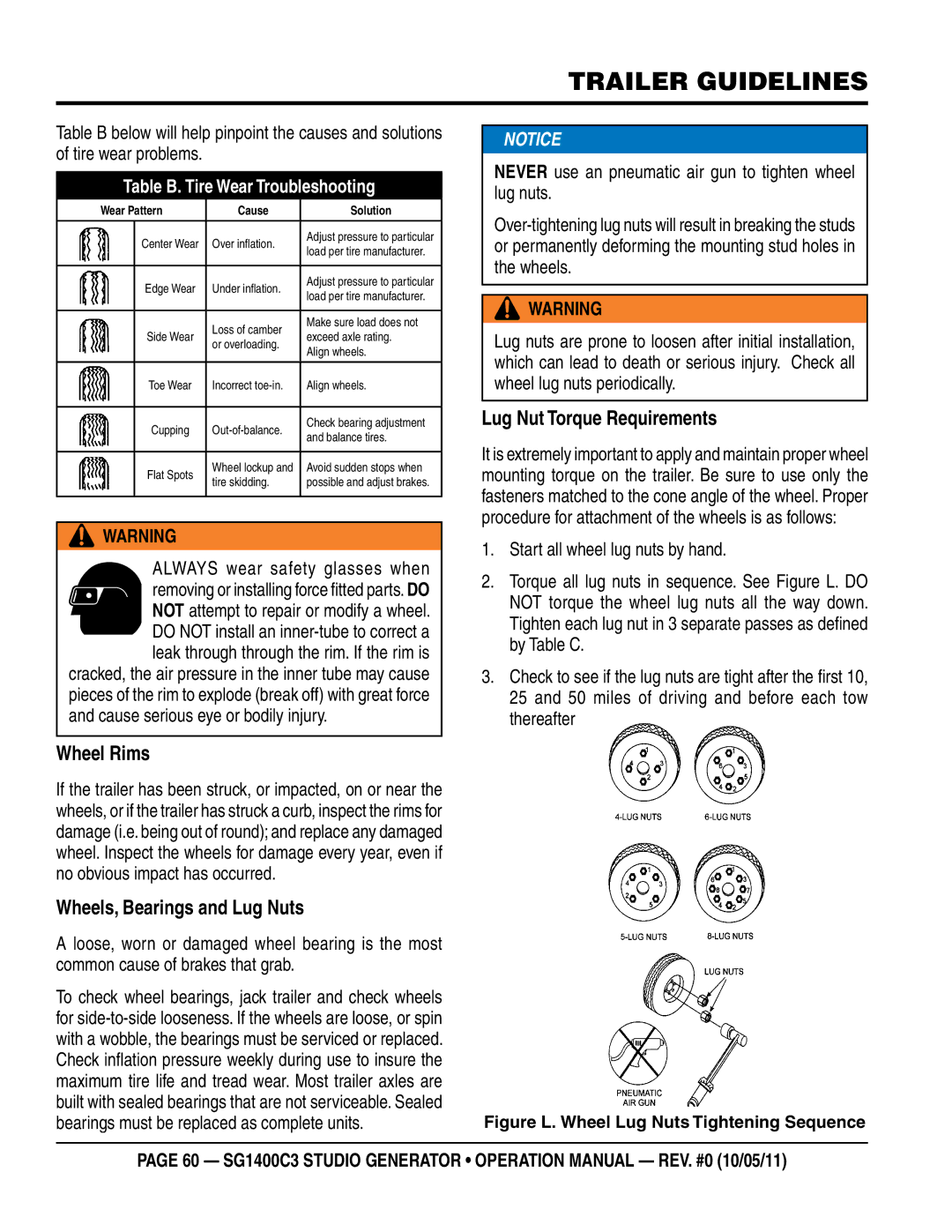 Multiquip SG1400C3 operation manual Wheel rims, Wheels, Bearings and lug nuts, Lug nut Torque requirements 