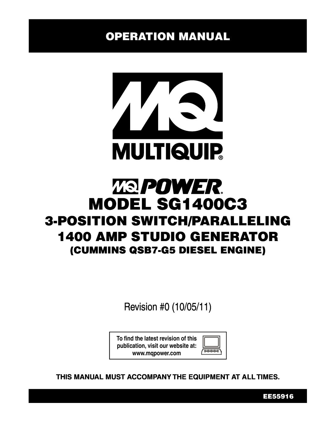Multiquip SG1400C3 operation manual Operation Manual, This Manual Must Accompany The Equipment At All Times, EE55916 