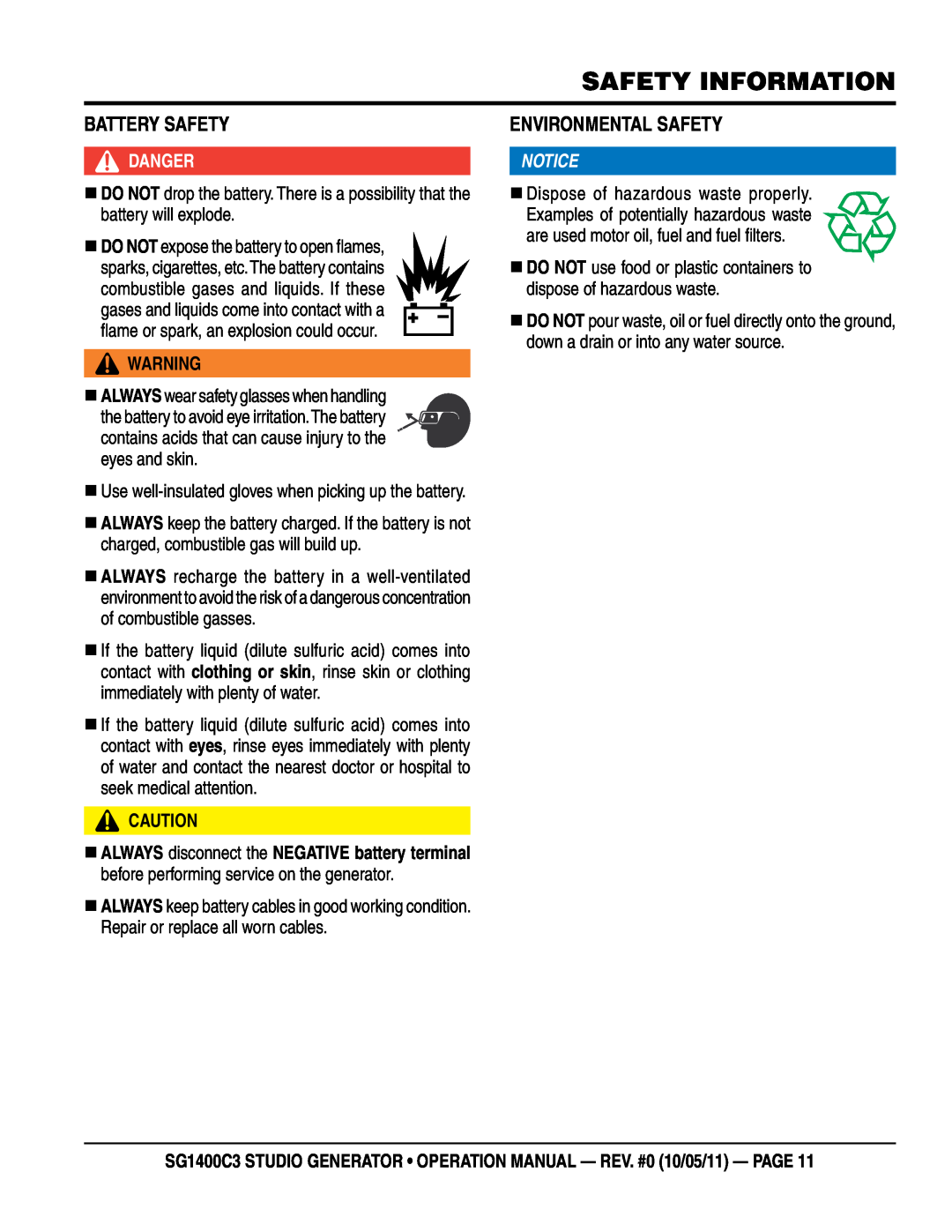Multiquip SG1400C3 operation manual BaTTerY SaFeTY, environmenTal SaFeTY, Safety Information, danger 