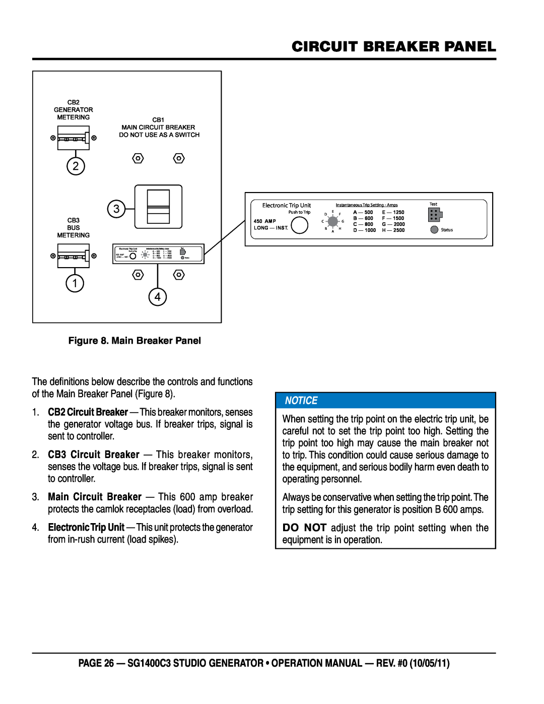 Multiquip SG1400C3 operation manual circuit Breaker panel, Main Breaker Panel 
