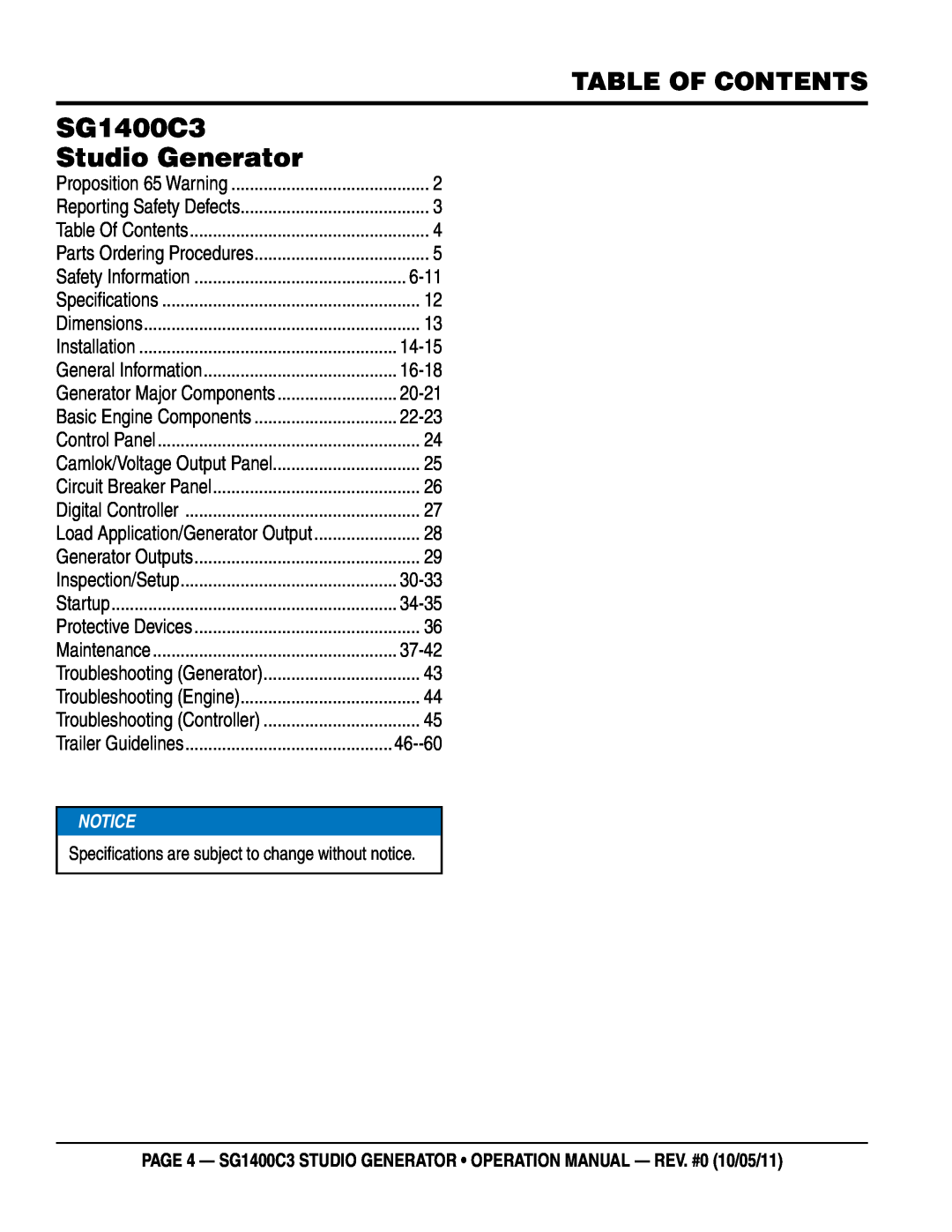 Multiquip SG1400C3 operation manual Table of Contents, Studio Generator, 6-11 