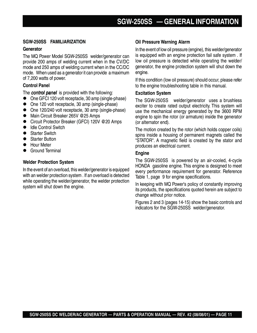 Multiquip SGW-250SS Generator, Control Panel, Welder Protection System, Oil Pressure Warning Alarm, Excitation System 