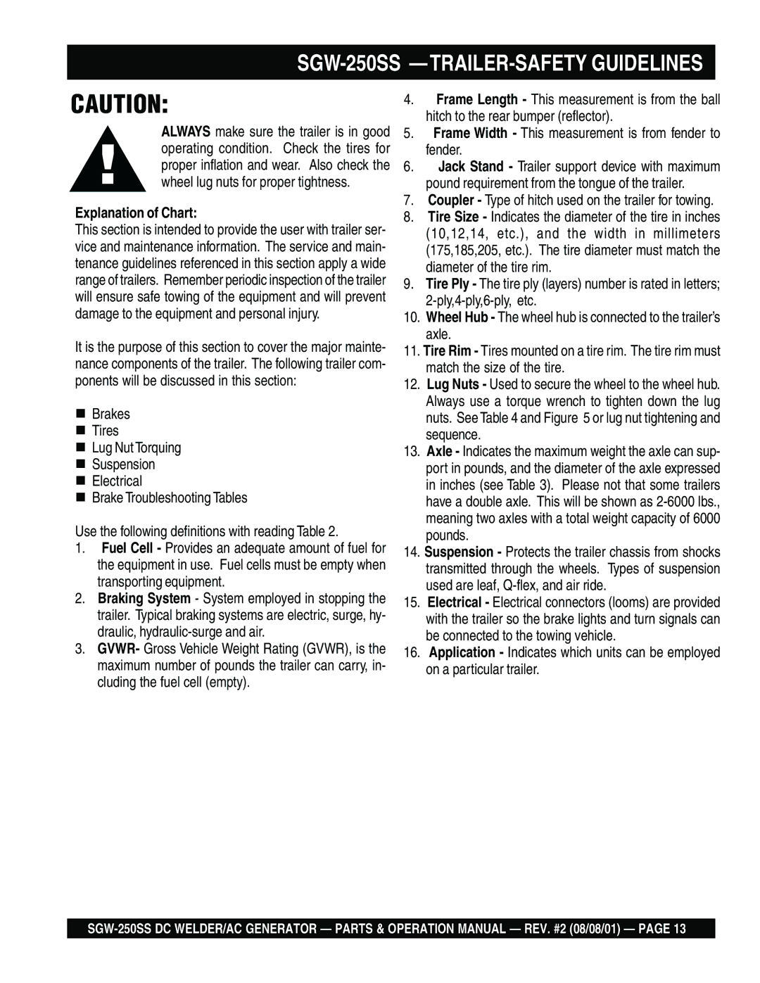 Multiquip operation manual SGW-250SS -TRAILER-SAFETY Guidelines, Explanation of Chart 