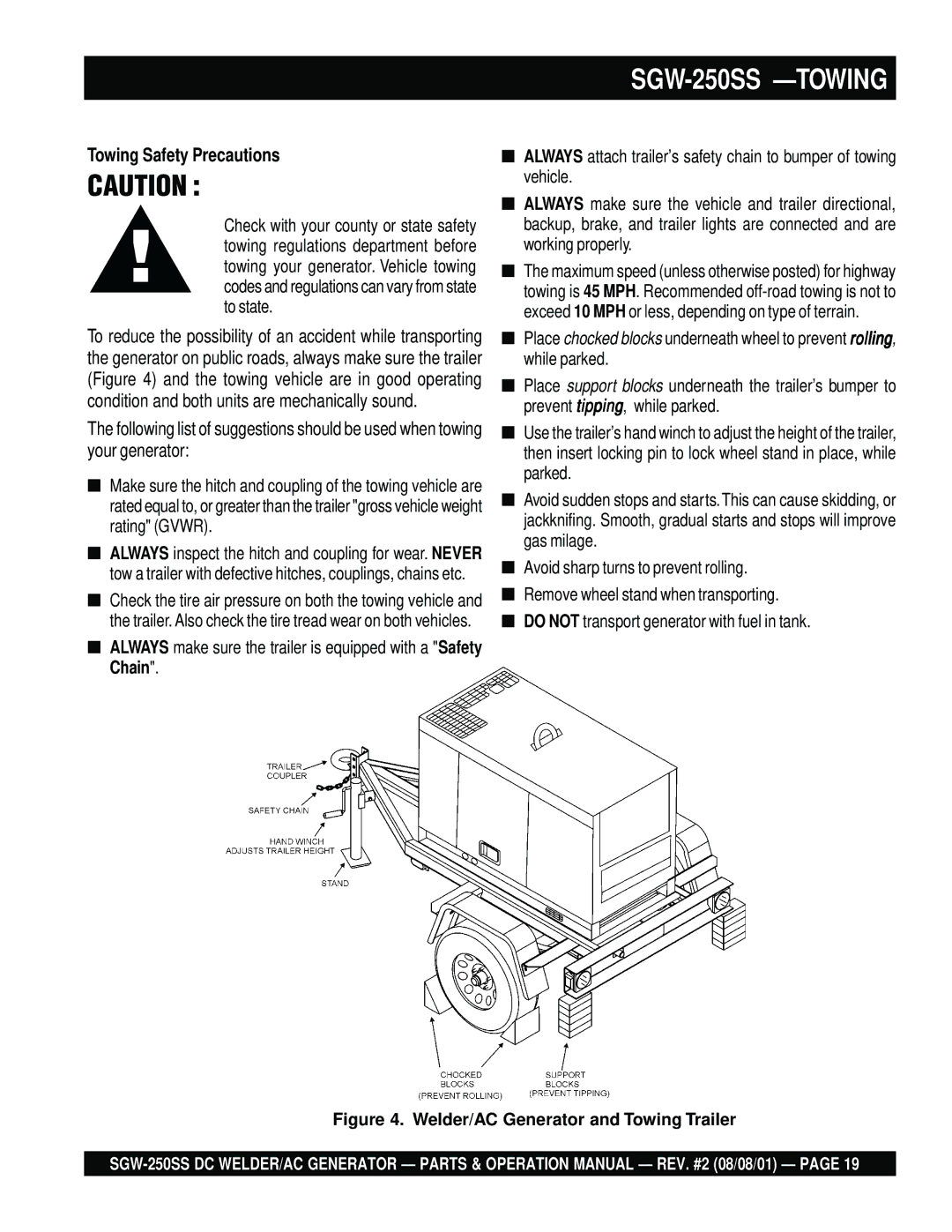 Multiquip operation manual SGW-250SS -TOWING, Towing Safety Precautions 