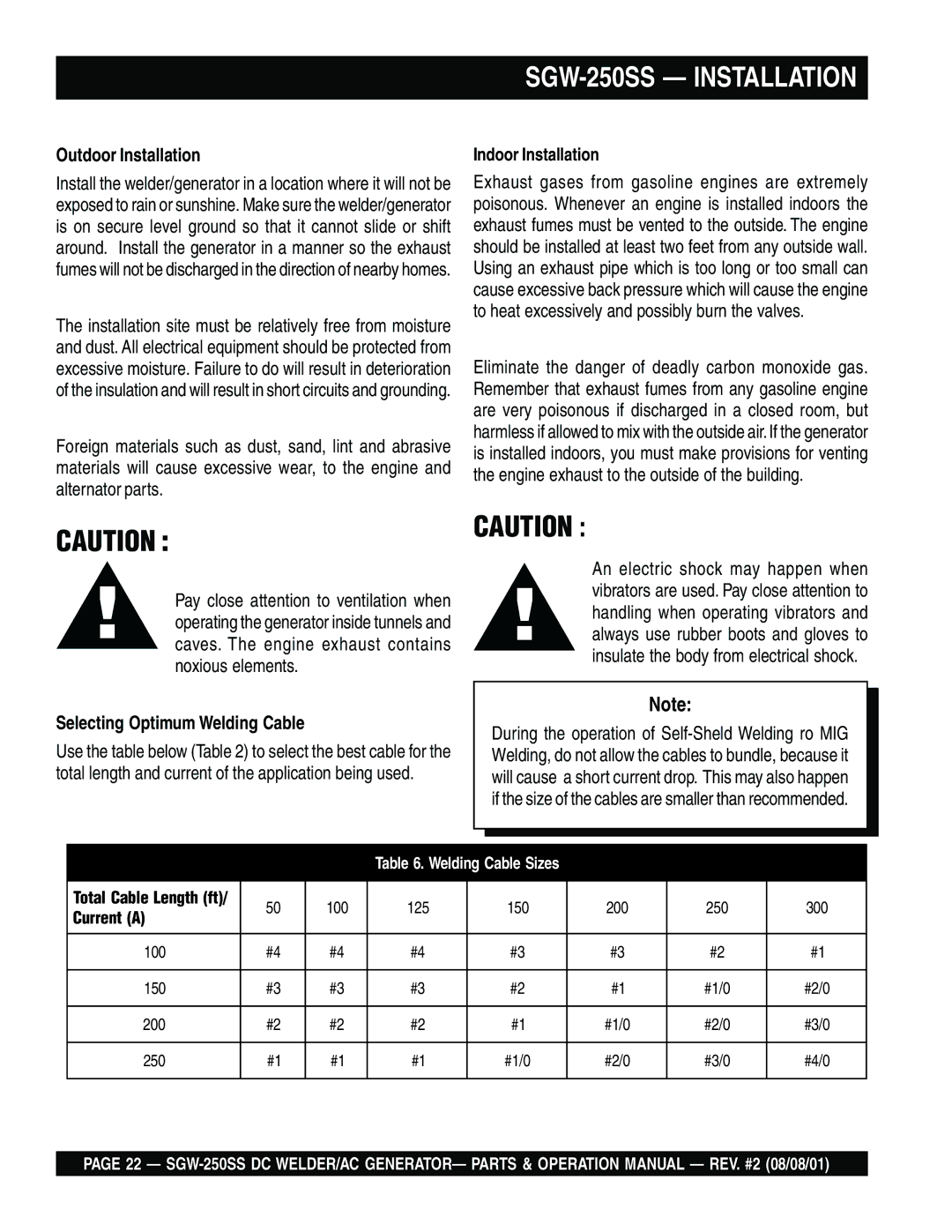 Multiquip operation manual SGW-250SS Installation, Outdoor Installation, Selecting Optimum Welding Cable 