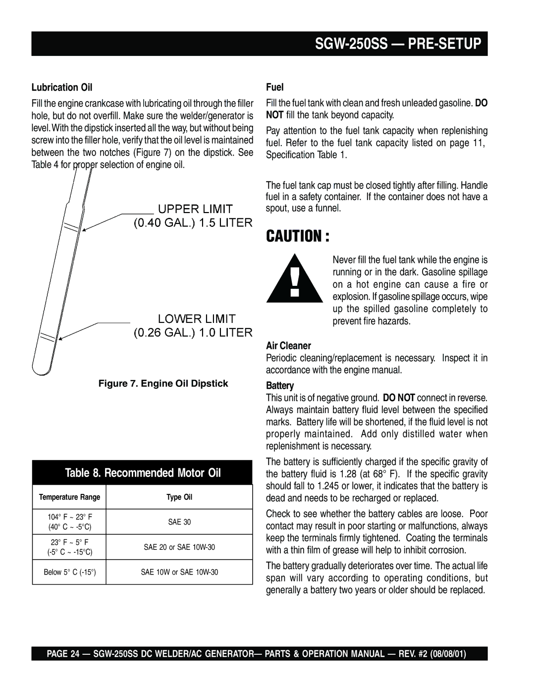 Multiquip SGW-250SS operation manual Lubrication Oil, Fuel, Air Cleaner, Battery 