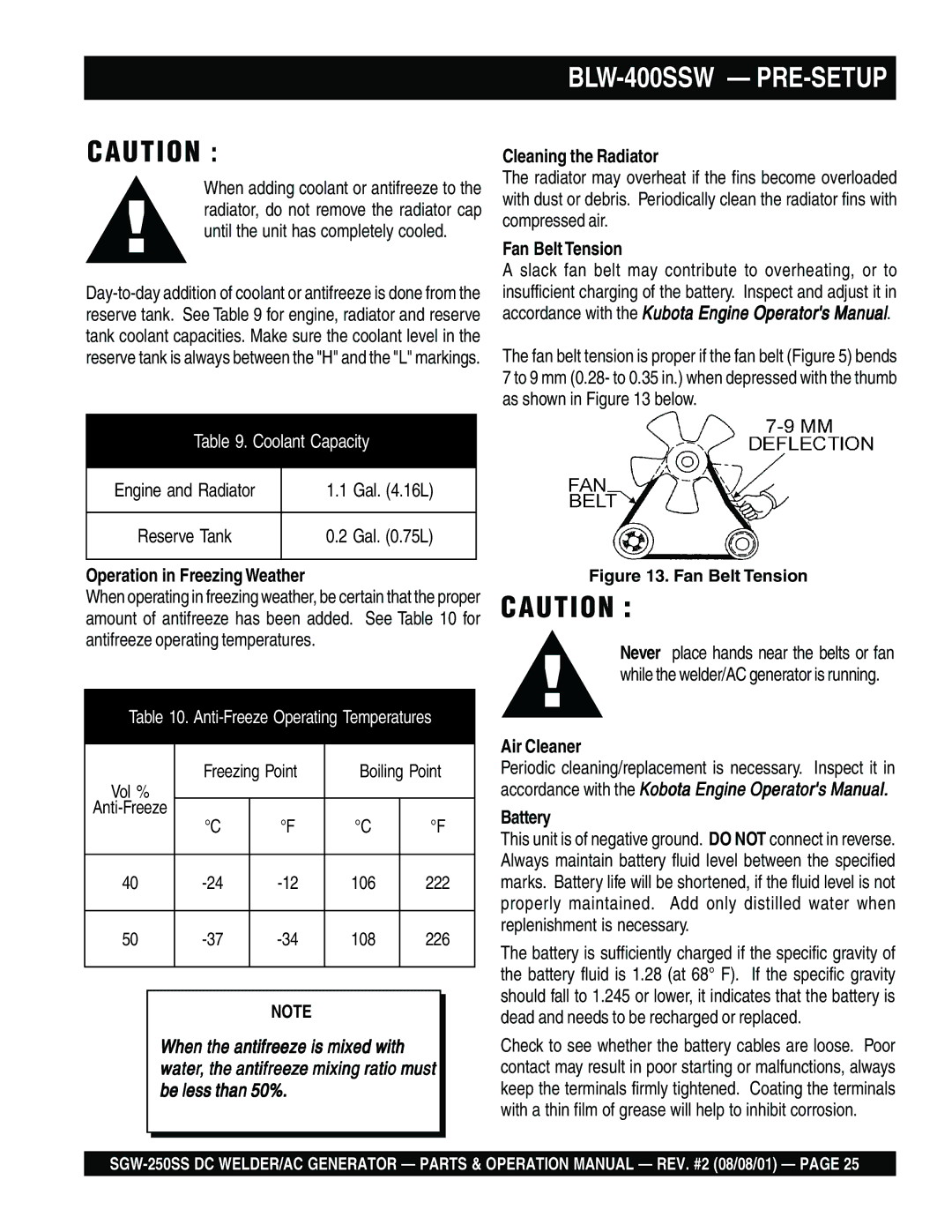 Multiquip SGW-250SS operation manual Cleaning the Radiator, Fan Belt Tension, Operation in Freezing Weather 