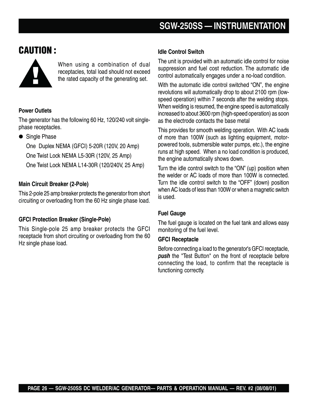 Multiquip SGW-250SS Main Circuit Breaker 2-Pole, Gfci Protection Breaker Single-Pole, Idle Control Switch, Fuel Gauge 