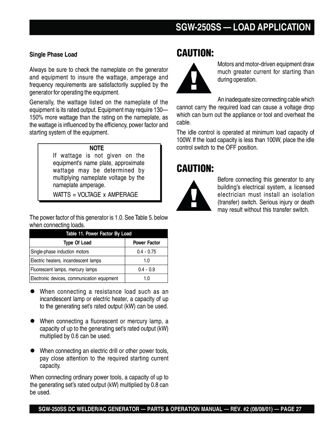 Multiquip operation manual SGW-250SS Load Application, Single Phase Load 