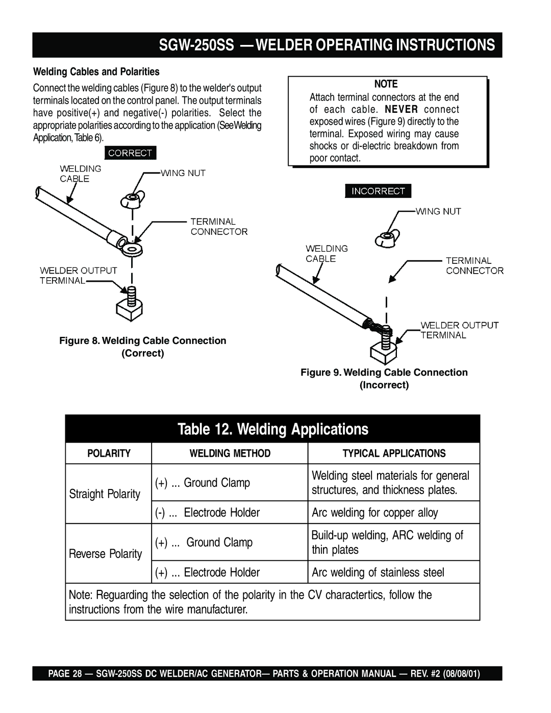 Multiquip operation manual SGW-250SS -WELDER Operating Instructions, Welding Cables and Polarities 