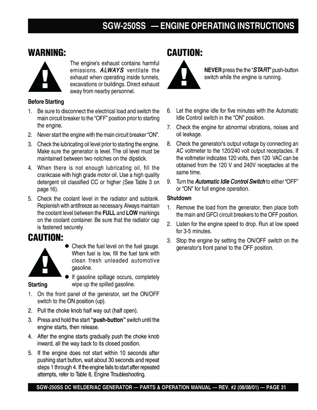 Multiquip operation manual SGW-250SS Engine Operating Instructions, Before Starting, Shutdown 