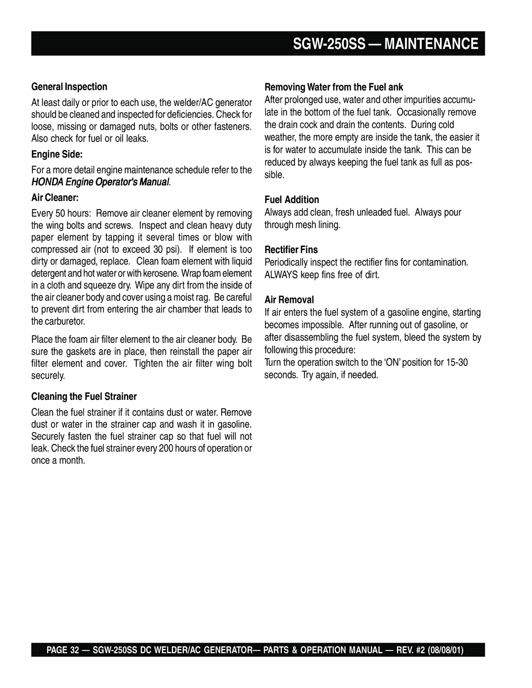 Multiquip operation manual SGW-250SS Maintenance 