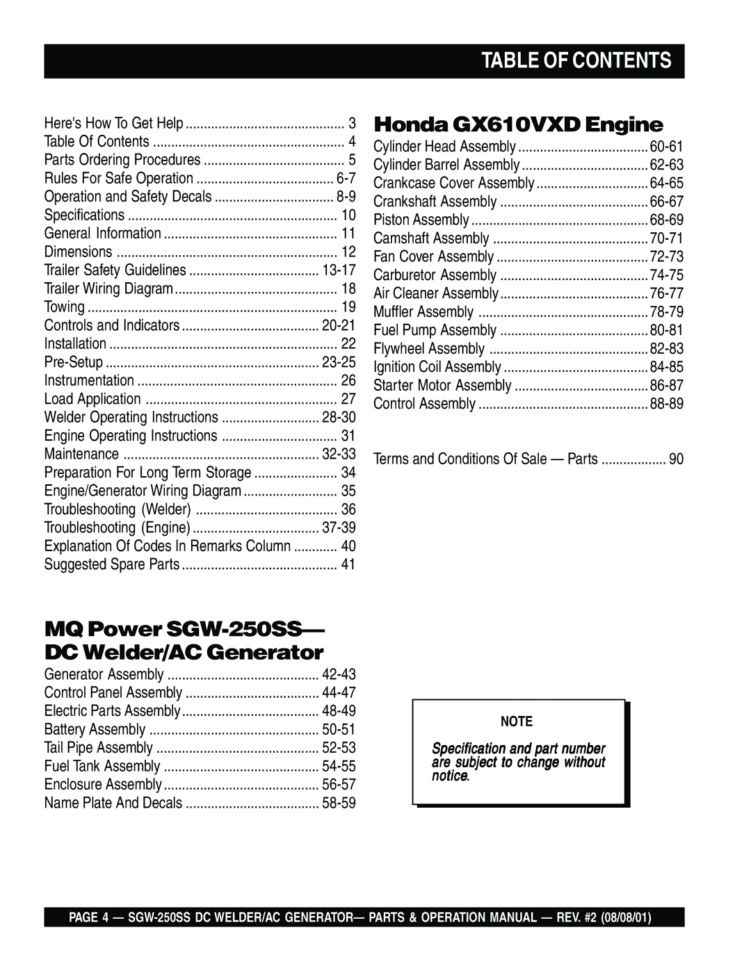 Multiquip SGW-250SS operation manual Table of Contents 